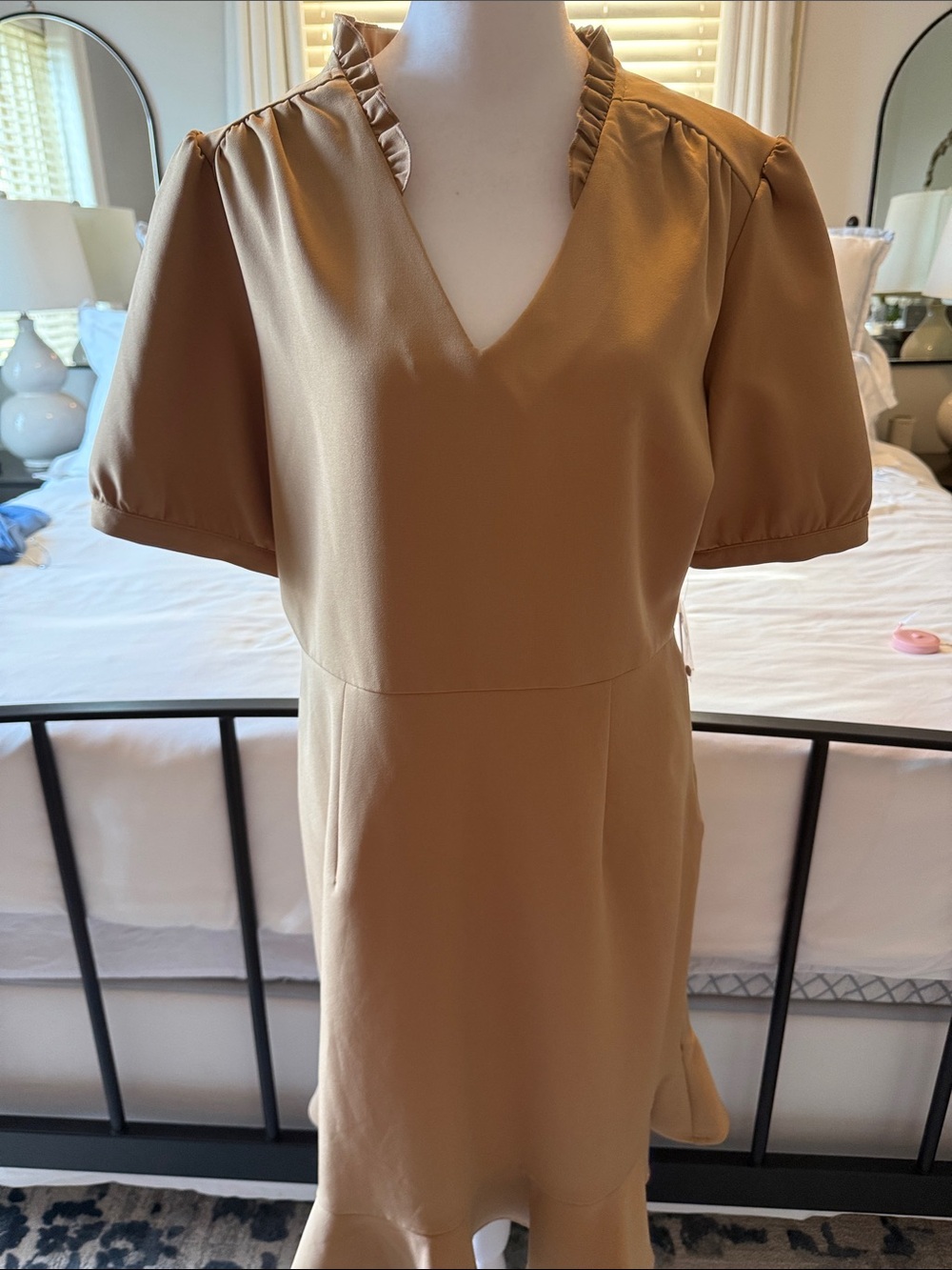 Nanette Lepore Toasty Sand V-Neck Ruffle-Trim Midi Dress